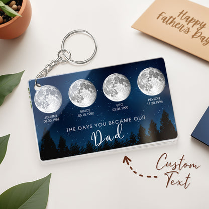 Hand-held view of the Personalised Starry Night 'The Day You Became Dad' keyring showing compact 5.4 x 8.6 cm size for pockets and bags