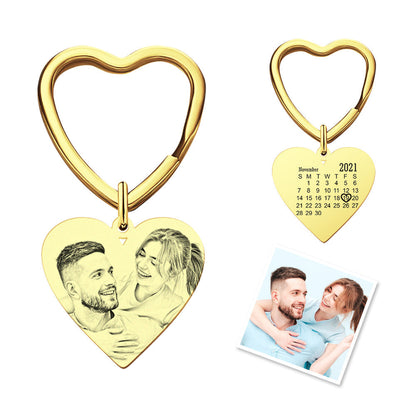 Personalised Photo Calendar Keychain - Heart Engraved Memorial Gift for Wedding & Anniversary