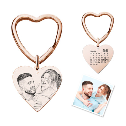 Personalised Photo Calendar Keychain - Heart Engraved Memorial Gift for Wedding & Anniversary