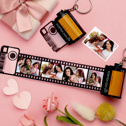 Personalised Camera Film Roll Keyring displaying five custom photographs – recycled multiphoto keychain, vintage Kodak-style keepsake