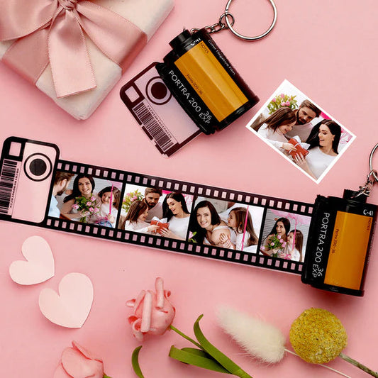 Personalised Camera Film Roll Keyring displaying five custom photographs – recycled multiphoto keychain, vintage Kodak-style keepsake