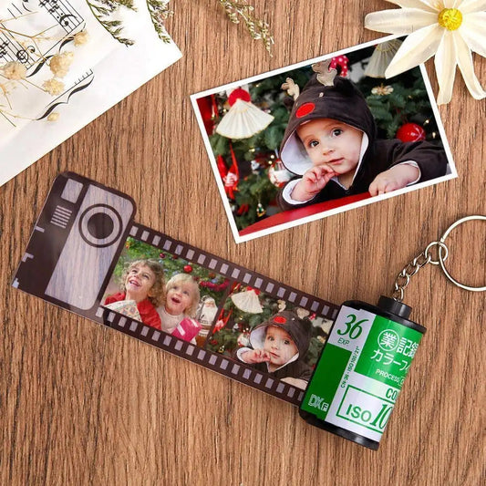 Personalised Family Film Roll Keychain showing a custom recycled camera roll keyring with multiple HD restored photos - perfect Christmas gift