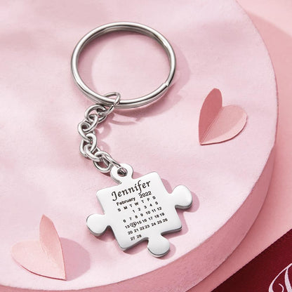 Personalised engraved calendar puzzle keyring presented with gift box, perfect personalised Valentine's or anniversary present for her or him