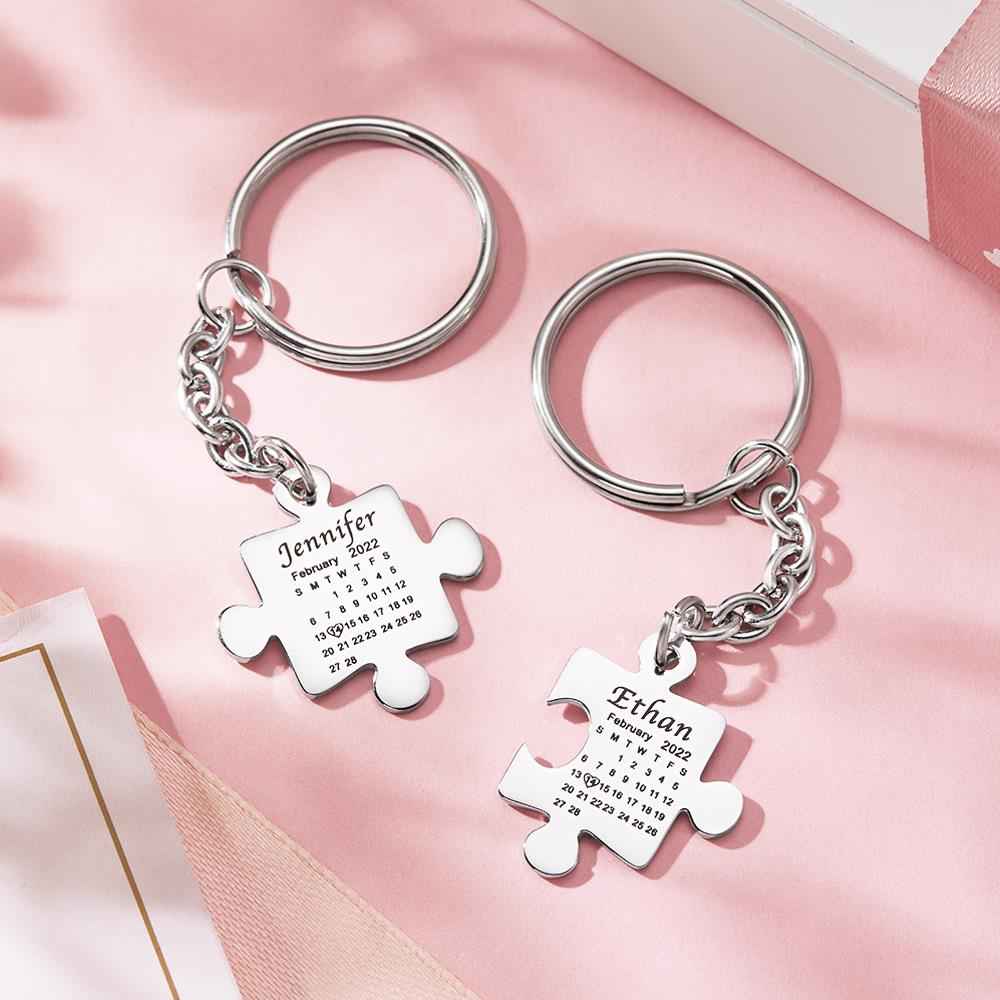Custom Calendar Keychain Engraved Puzzle Keychain Anniversary Gift for Couple