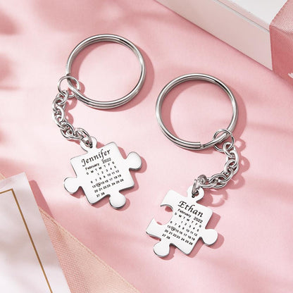Stainless steel puzzle keyring showing durable finish and detailed engraved calendar, a bespoke couples keyring to celebrate a special date
