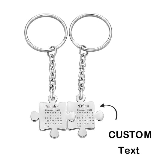 Matching engraved calendar keyrings attached to keys demonstrating interlocking design and everyday wear resistance, ideal custom gift for couples