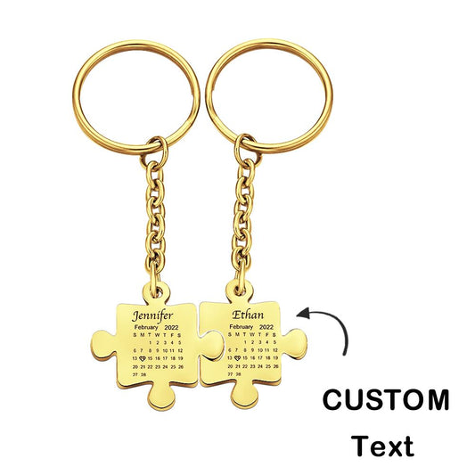 Matching engraved calendar keyrings attached to keys demonstrating interlocking design and everyday wear resistance, ideal custom gift for couples