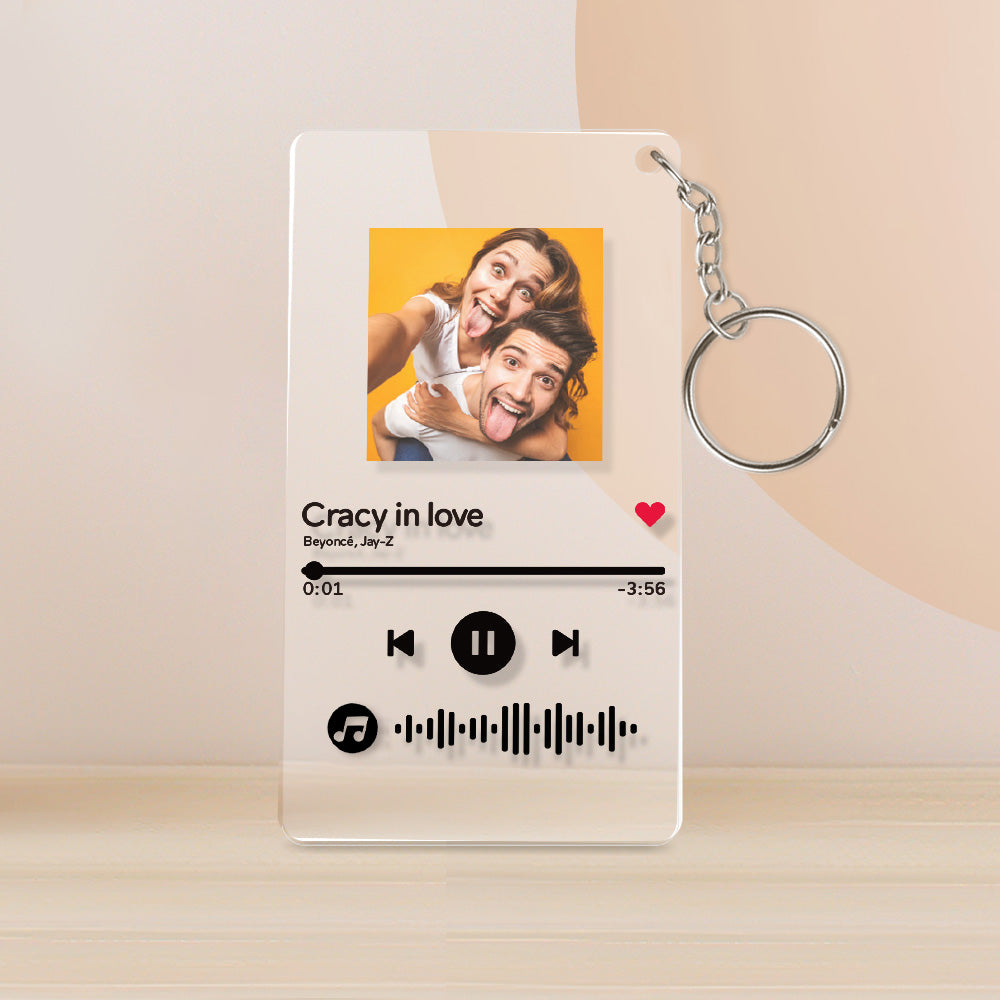 Mockup of custom song keychain showing how the scannable music code and personalised text appear on the acrylic plaque — ideal personalised gift