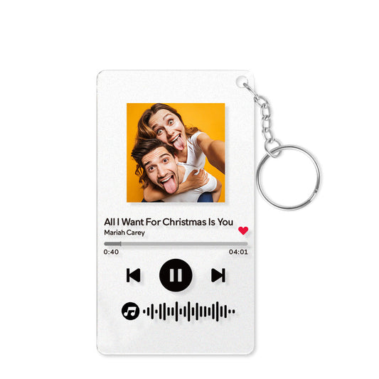 Personalised Photo Acrylic Music Code Keyring showing printed photo and scannable music code — 86×54mm custom song keychain gift for Mum