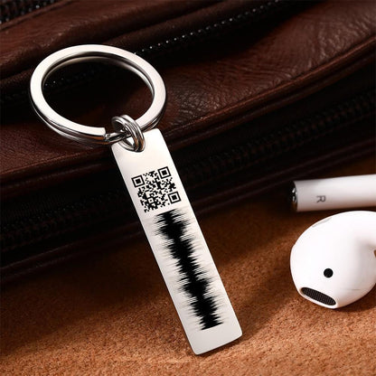 Angled view of personalised engraved QR code keyring on split ring — custom audio keychain ready for everyday use or gifting