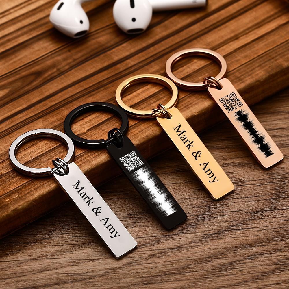 Personalised engraved stainless steel QR code audio keychain with name — close-up of front showing scannable QR linking to a custom audio message