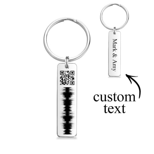 Personalised engraved stainless steel QR code audio keychain with name — close-up of front showing scannable QR linking to a custom audio message
