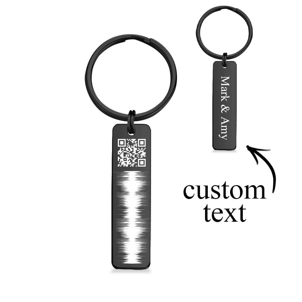 Personalised engraved QR code keychain displayed with keyring — stainless steel custom voice keyring ideal for anniversaries and memorial keepsakes