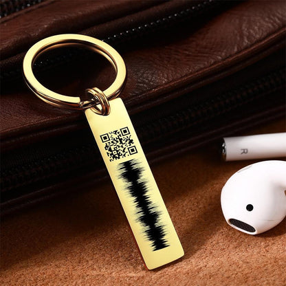 Rectangular personalised stainless steel QR code audio keychain with engraved name — thoughtful custom voice keychain gift for her or him