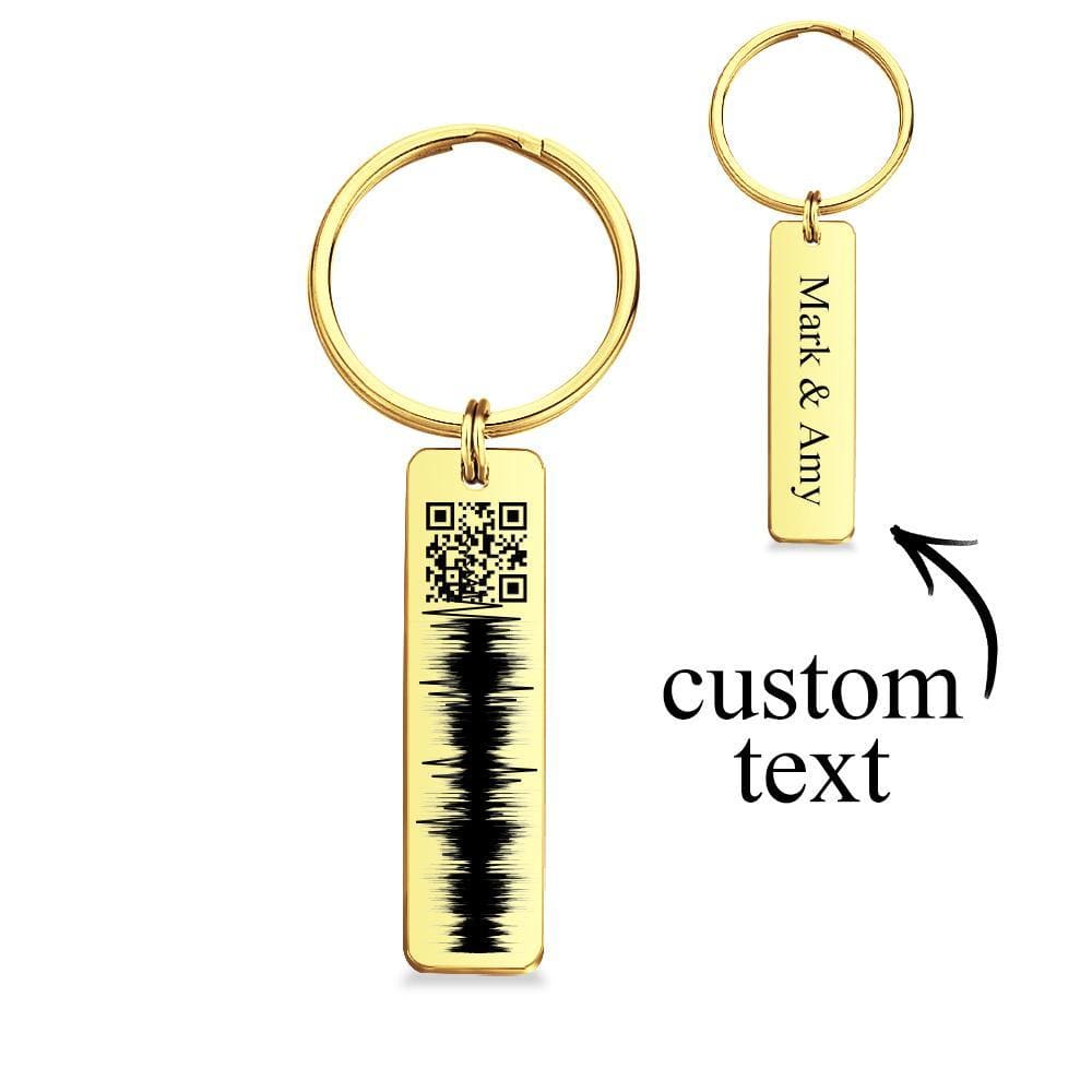 Personalised audio keyring attached to everyday keys — engraved QR code keychain that stores private spoken messages for loved ones