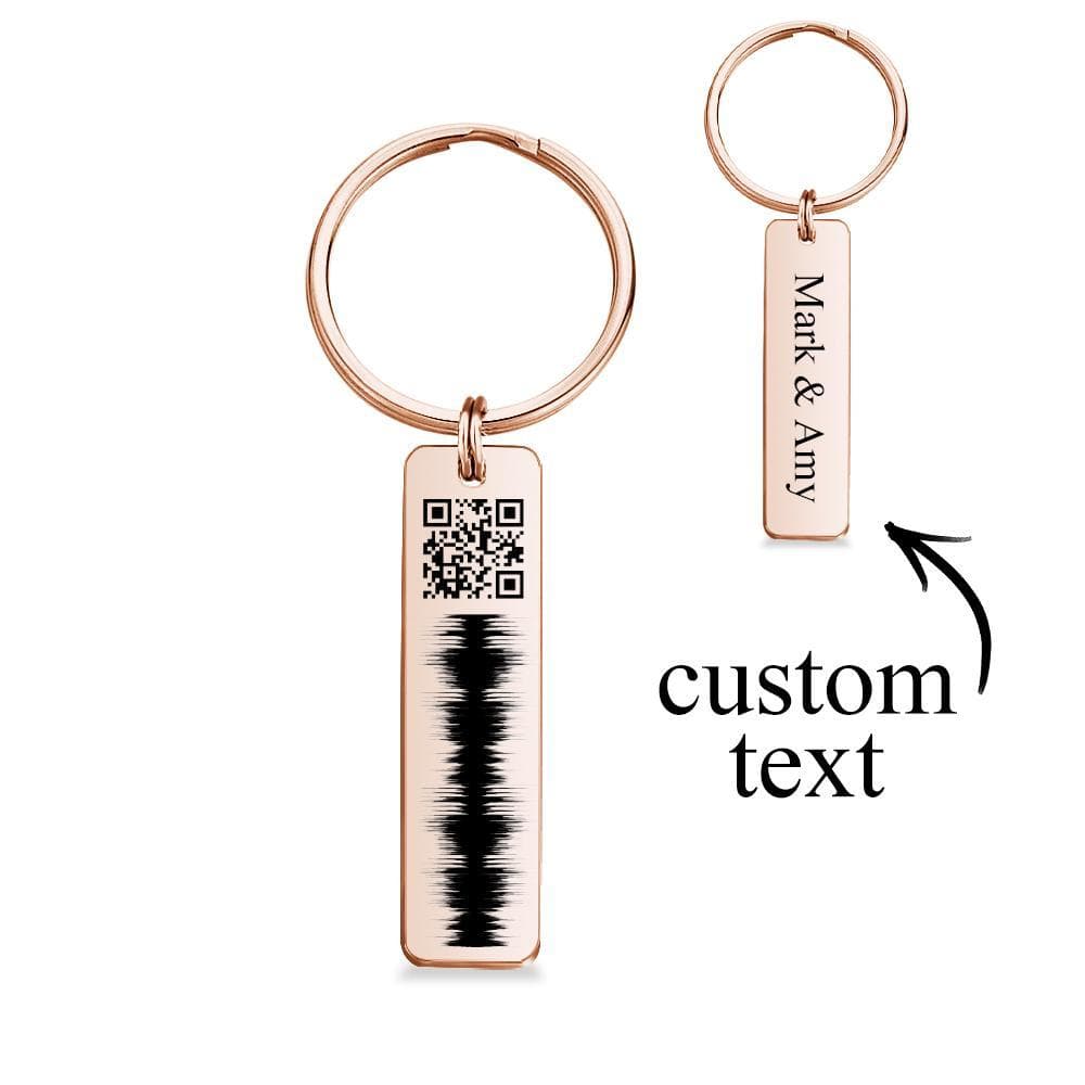 Assorted personalised engraved QR code keychains displayed together — custom audio keyrings perfect for birthdays, Christmas or Valentine’s Day
