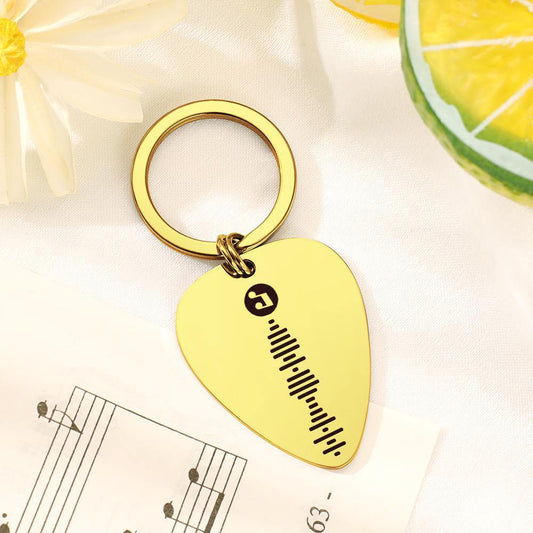 Scannable Code Guitar Pick Keyring – personalised engraved acrylic guitar-pick plaque with scannable code, song title, artist name and photo on stainless-steel keyring (scan to play MP3)