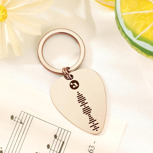 Scannable Code Guitar Pick Keyring – personalised engraved acrylic guitar-pick plaque with scannable code, song title, artist name and photo on stainless-steel keyring (scan to play MP3)