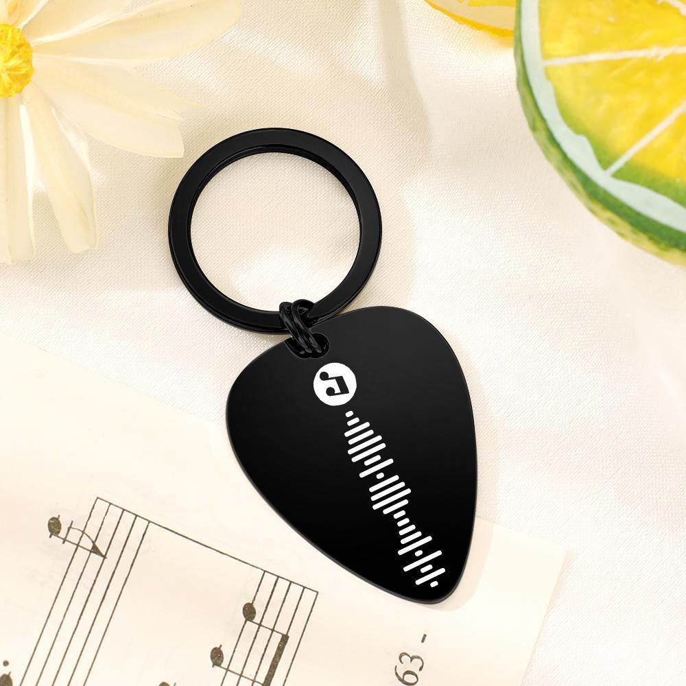 Close-up of personalised engraved guitar pick keyring showing detailed scannable code, custom text and high-resolution photo on durable acrylic with stainless-steel hardware