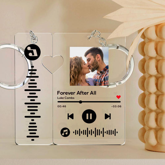 Personalised scannable music code keychain with custom couple photo and song code on clear acrylic keyring — personalised gift for couples
