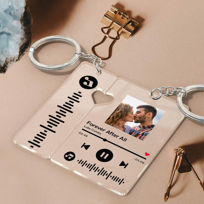 Close-up of personalised acrylic music plaque keyring showing scannable music code and high-resolution printed photo — custom song keychain