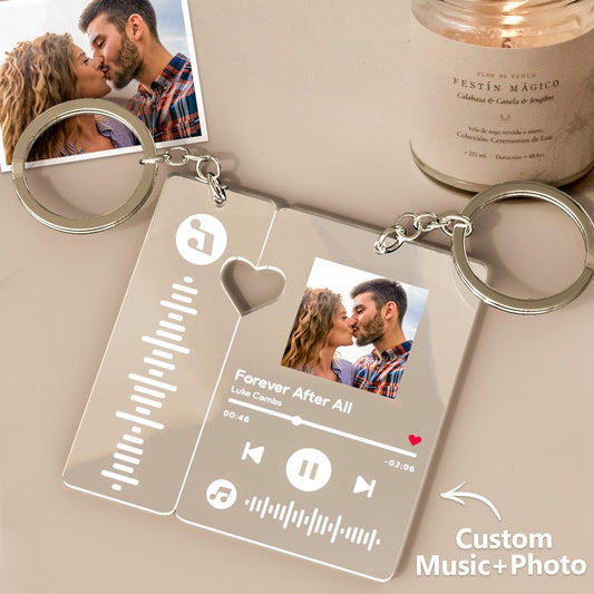 Personalised scannable music code keychain with custom couple photo and song code on clear acrylic keyring — personalised gift for couples