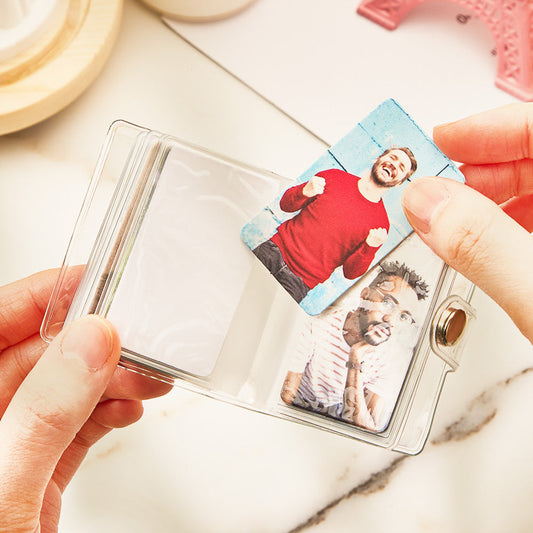 Personalised Photo Album Keyring open to display layered photographic paper photos inside a miniature suitcase-style holder, custom photo plastic keyring romantic gift for her