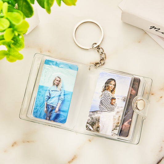 Personalised Photo Album Keyring open to display layered photographic paper photos inside a miniature suitcase-style holder, custom photo plastic keyring romantic gift for her