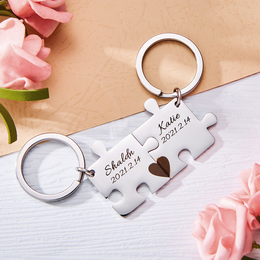 Personalised Engraved Couple Puzzle Keychain Set | Valentine's & Wedding Gift