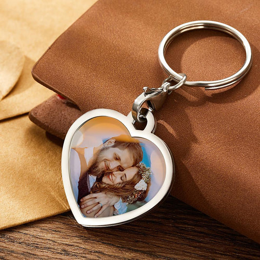 Personalised stainless steel heart photo keyring showing a printed couple photo — custom keychain gift for Valentine's Day or anniversary