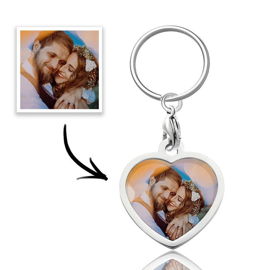 Personalised stainless steel heart photo keyring showing a printed couple photo — custom keychain gift for Valentine's Day or anniversary