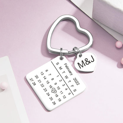 Heart calendar keyring displayed with personalised text and heart motif — rose gold keepsake for lovers