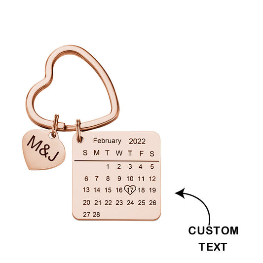 Personalised rose gold heart calendar keyring close-up showing engraved date — romantic anniversary keepsake