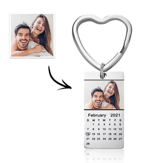 Gold-plated Personalised Photo Calendar Keyring — polished stainless-steel photo date keyring, thoughtful anniversary or birthday gift