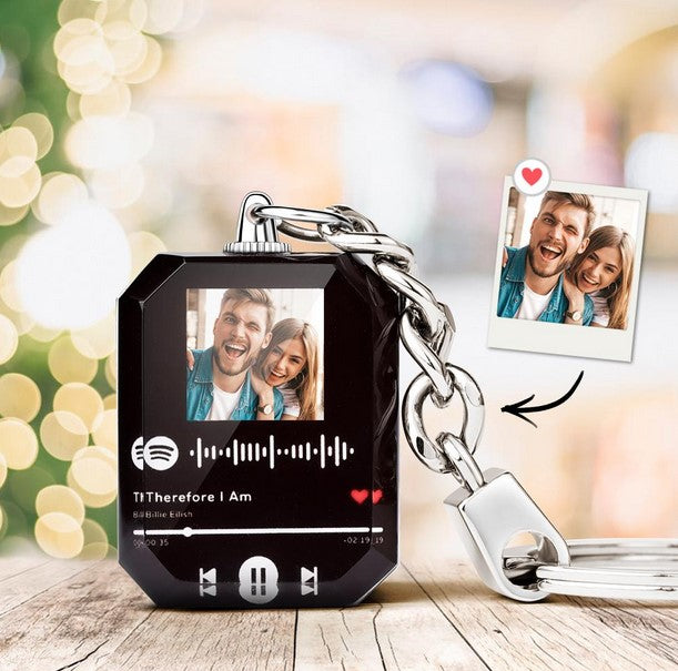 Scannable music code engraved in a personalised crystal keyring, a bespoke music keyring that plays a song when scanned