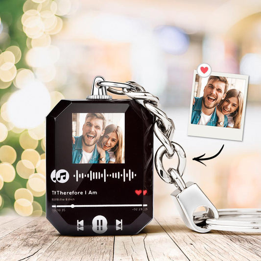 Personalised crystal anniversary keyring with engraved photo and scannable music code