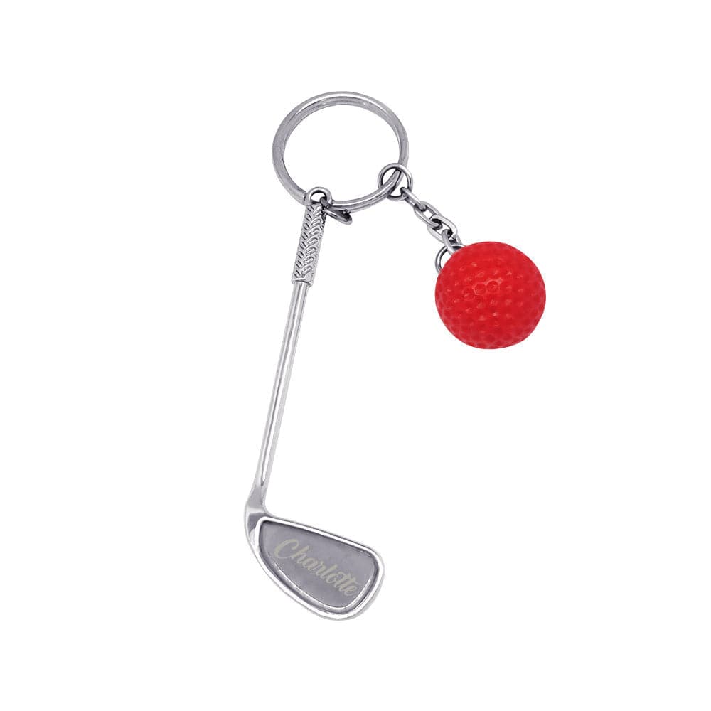Custom name golf ball keyring attached to keys and luggage — personalised keepsake for golf days, tournaments and Father's Day