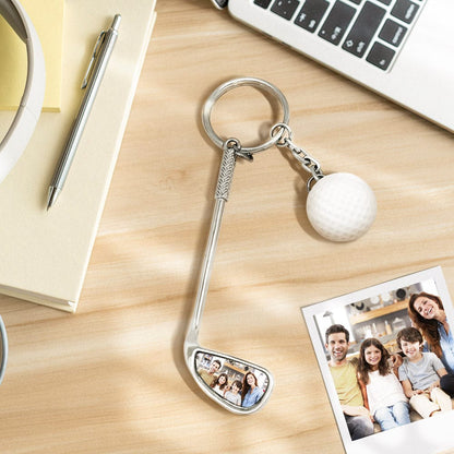 Personalised golf ball photo keyring showing a custom high‑resolution image on a realistic golf ball charm — ideal personalised gift for golf lovers