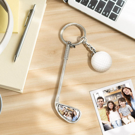 Personalised golf ball photo keyring showing a custom high‑resolution image on a realistic golf ball charm — ideal personalised gift for golf lovers