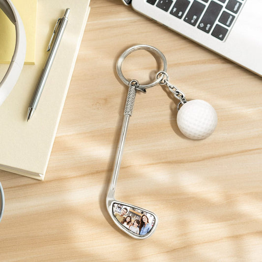 Personalised golf ball photo keyring showing a custom high‑resolution image on a realistic golf ball charm — ideal personalised gift for golf lovers