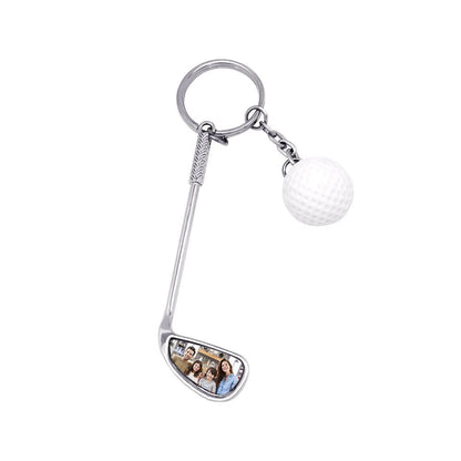 Custom golf ball keyring clipped to a bag ring, zinc alloy finish and lightweight 17.8g design — practical personalised gift for golfers