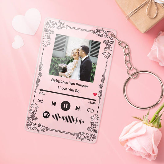 Personalised clear acrylic music plaque engraved with scannable song code, custom couple photo and matching personalised keychain — romantic couple gift