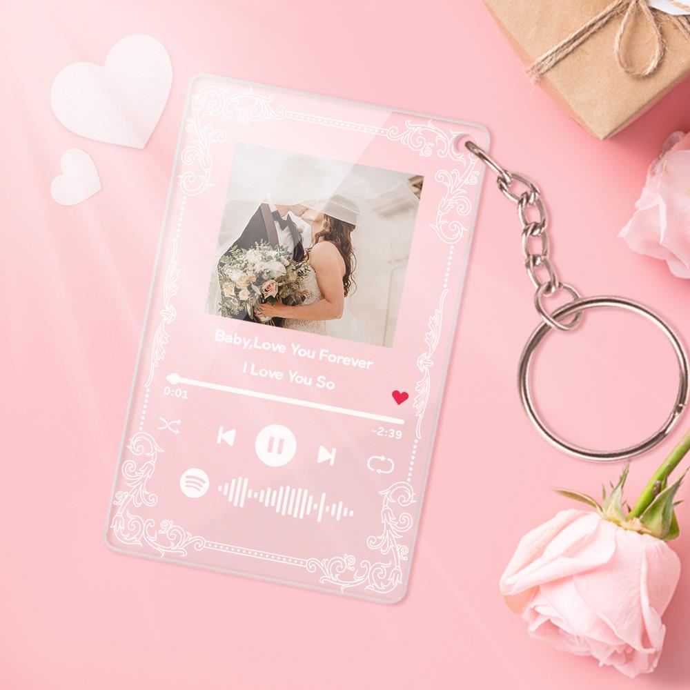 Black-variant personalised keychain and acrylic music plaque set, showing high-contrast engraving of photo and song code — personalised couple keepsake
