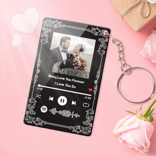 Personalised clear acrylic music plaque engraved with scannable song code, custom couple photo and matching personalised keychain — romantic couple gift