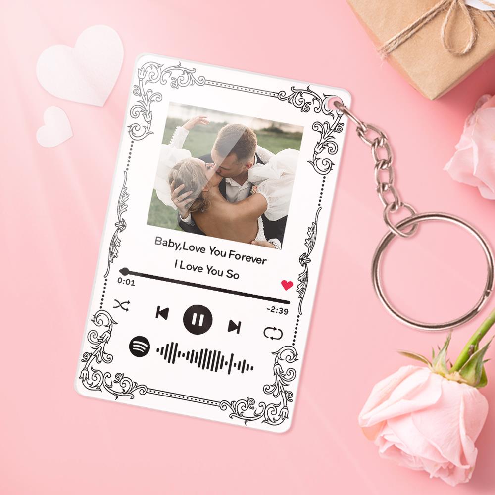 Clear acrylic music plaque with personalised photo, engraved song title and scannable code on a white base, with matching keychain — sentimental personalised music gift