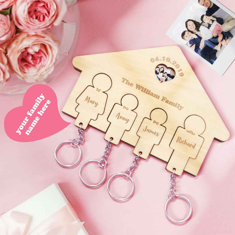 Custom Wooden Photo Key Holder Personalized Name Keychain Home Decorative Gift for Family