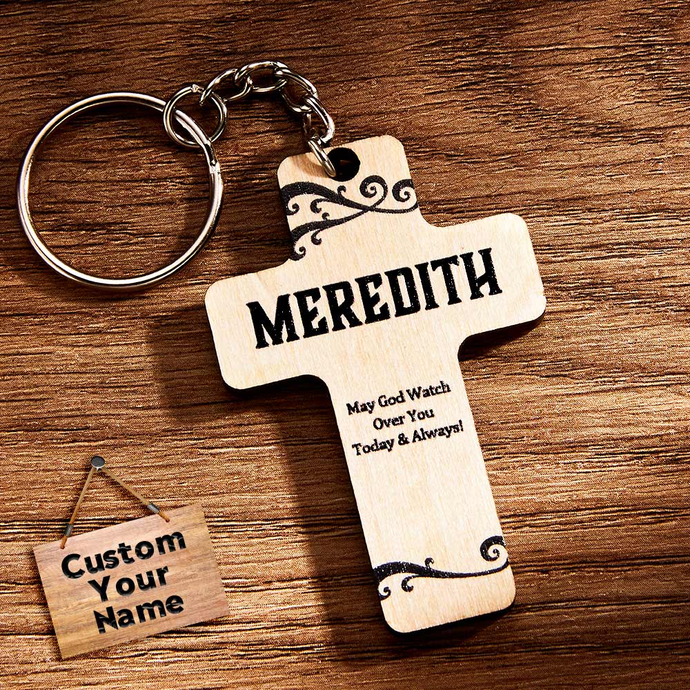 God Bless You personalised wooden cross keyring with custom name engraving, handcrafted Christian keepsake, compact 4 × 6 cm for baptism or confirmation