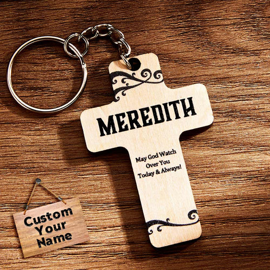 God Bless You personalised wooden cross keyring with custom name engraving, handcrafted Christian keepsake, compact 4 × 6 cm for baptism or confirmation