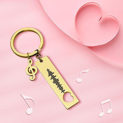 Engraved 3D bar keyring attached to a set of keys showing the scannable Spotify music code and polished edges — engraved music keyring, personalised Spotify code keyring