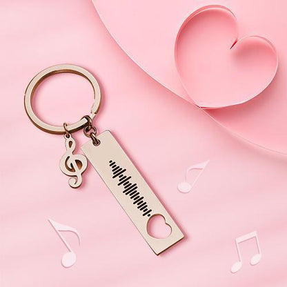 Four colour options of personalised engraved 3D bar keyrings displayed side by side, ideal personalised Spotify code keyring gift — custom scannable music code keychain